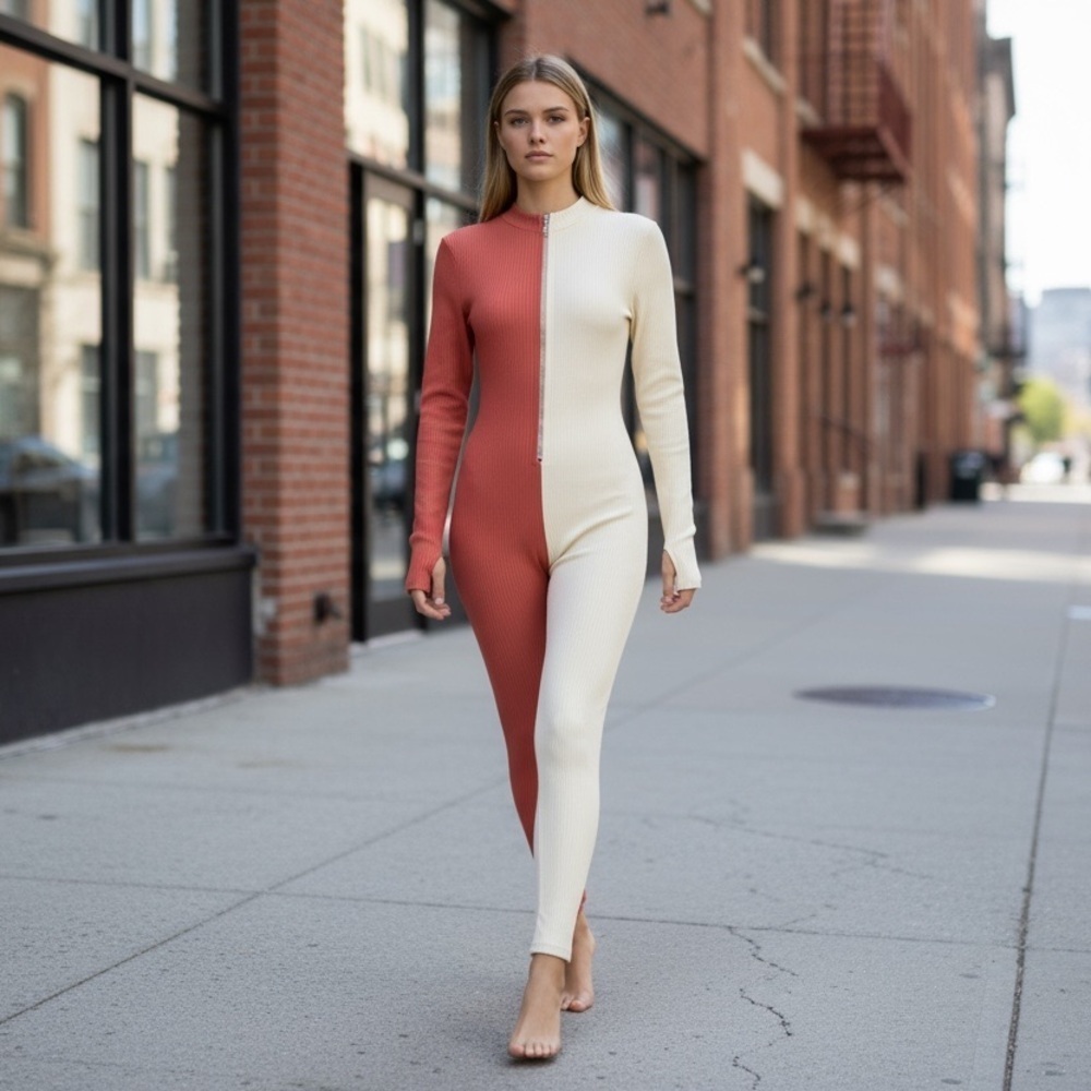 Women's Bodycon Color Block Long Sleeve Skinny Zip Up Catsuit Jumpsuit
New